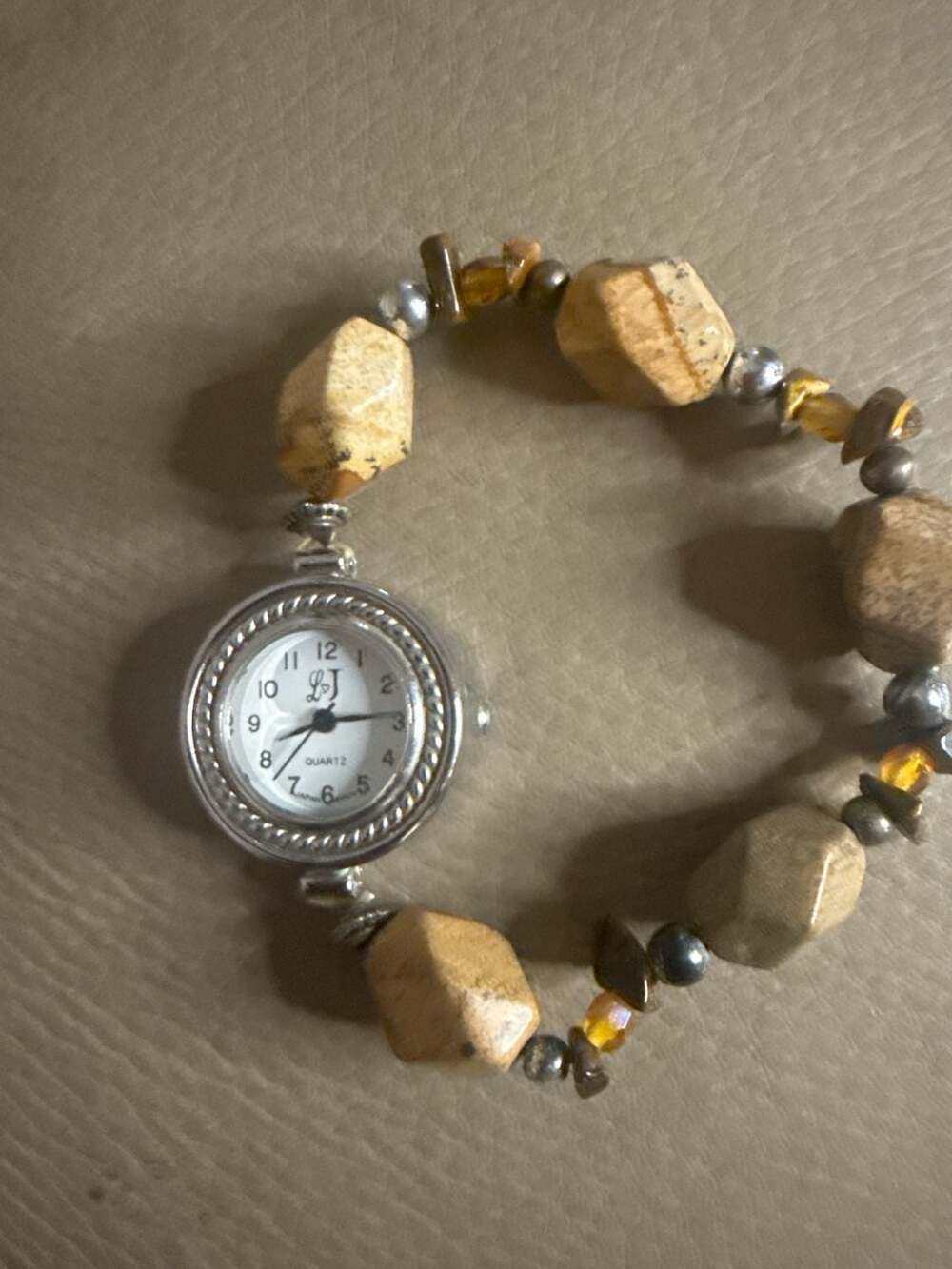 LJ Quartz Woman's Stretch Beaded Watch with Natural Picture Jasper and Tiger Eye
